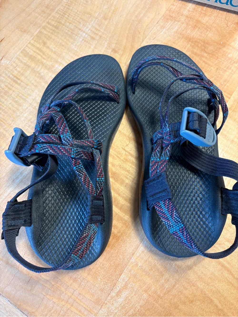 Chaco Black Sandals with Blue and Burgundy Patterned Strap Brand New in Box